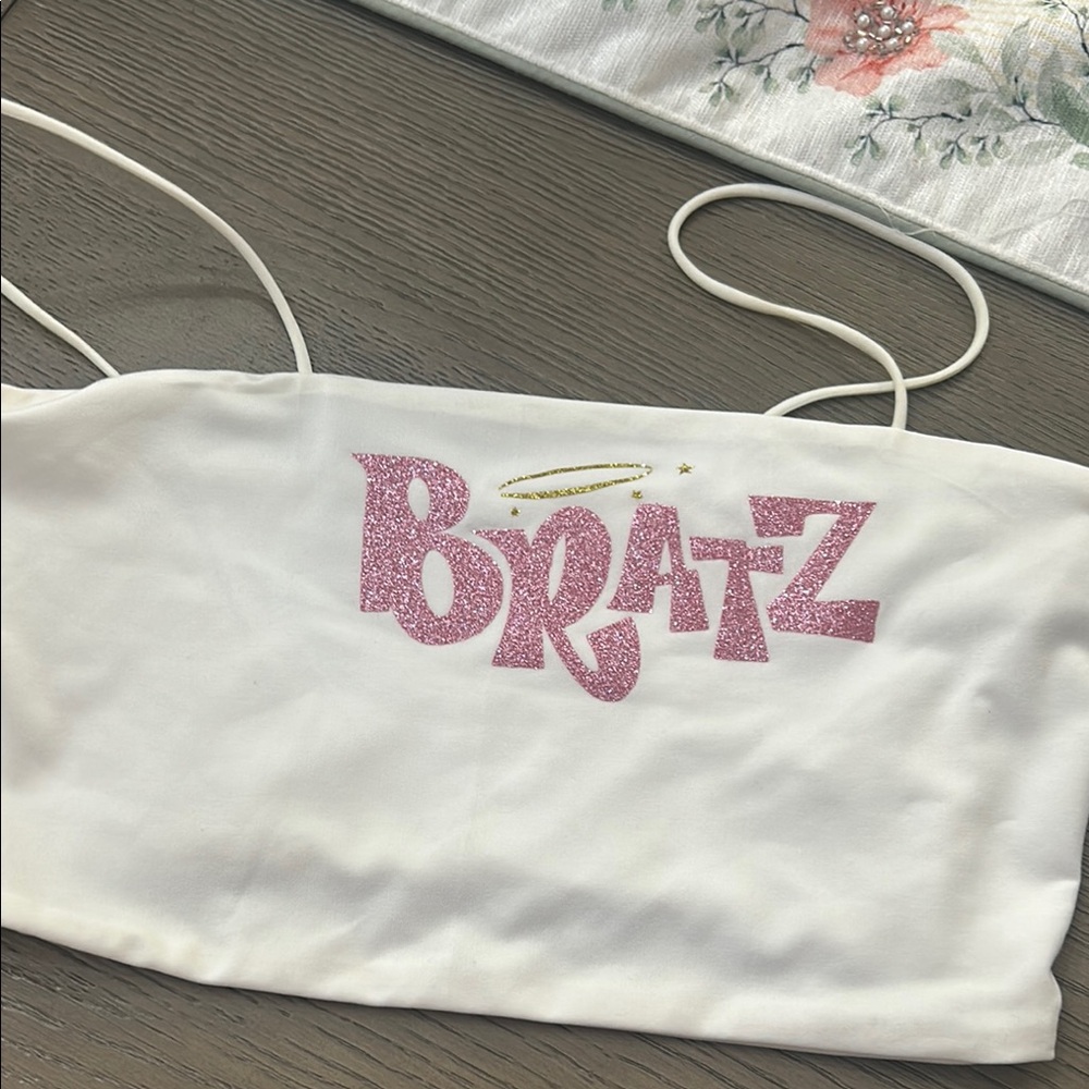White Bratz Crop Top with Pink Glitter Logo - great for costume